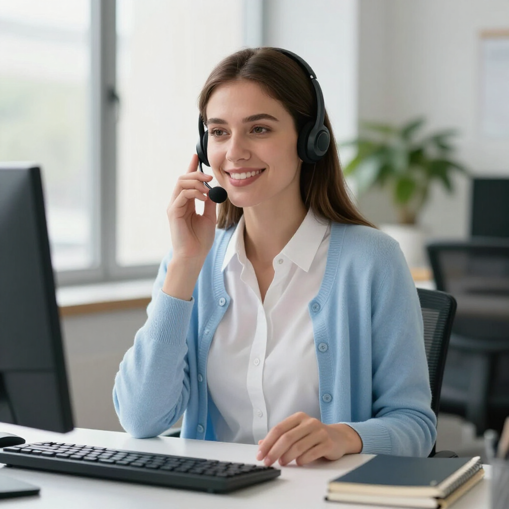 Customer service agent wearing a headset at a desk, smiling in an office with a computer and notebook.