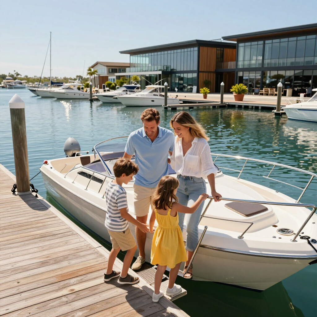 Family boarding a white boat at a marina beside modern waterfront buildings
