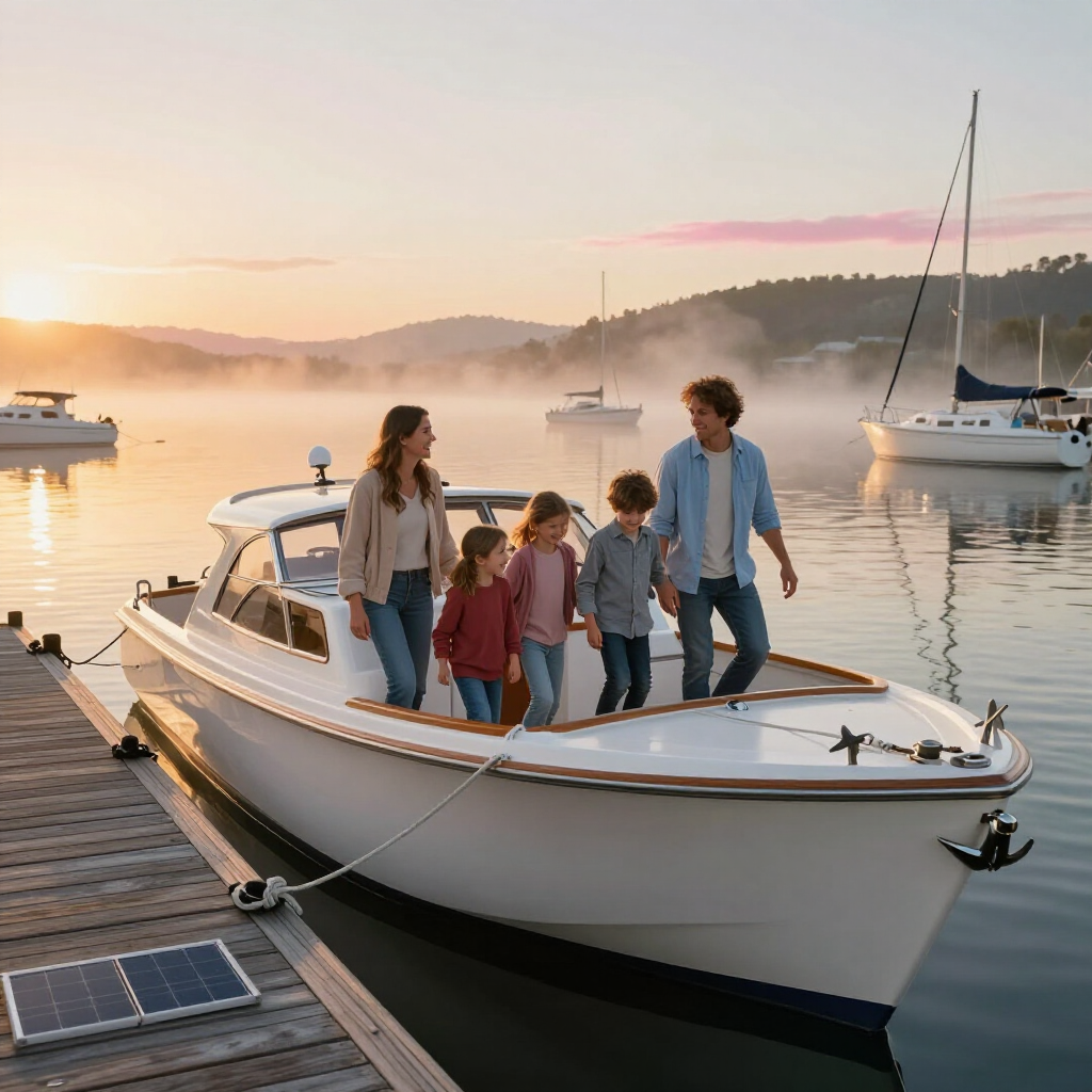 Family boarding a white boat at sunrise on a calm dockside harbor