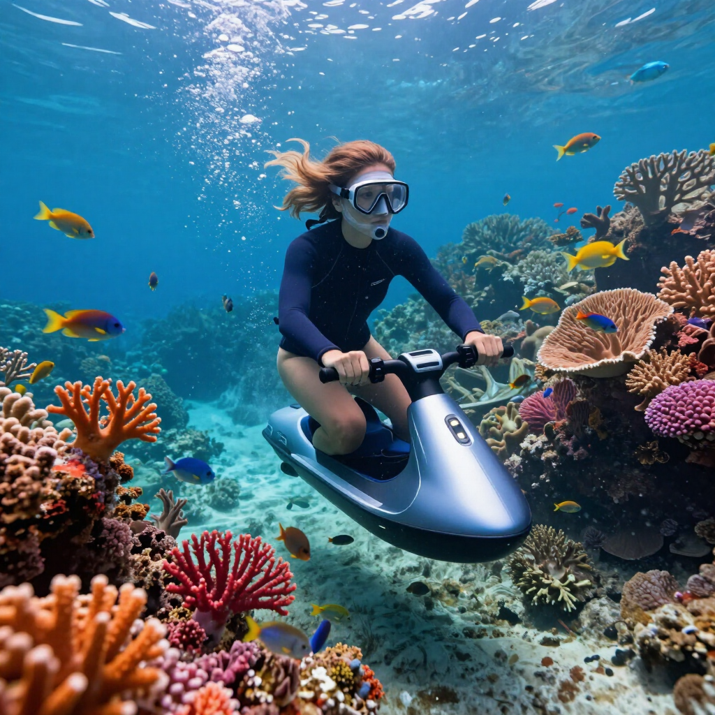 Woman scuba dives on a sea scooter over a colorful coral reef with tropical fish