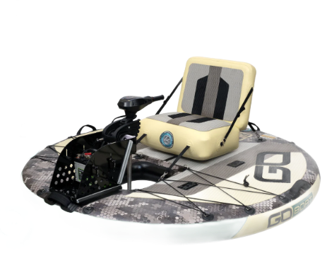 Hovercraft with beige seat and black frame on a circular gray-and-white platform