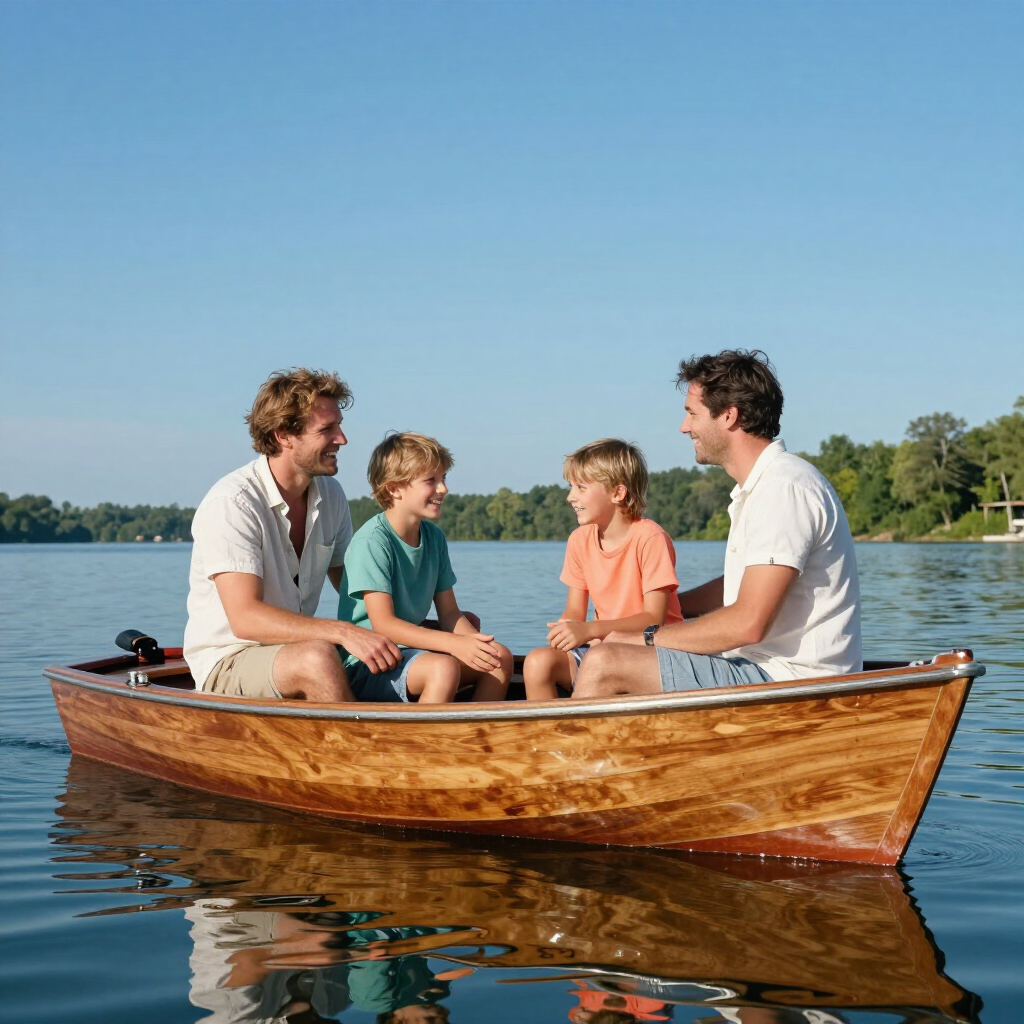 Four people sit in a wooden rowboat on calm water under a clear blue sky.