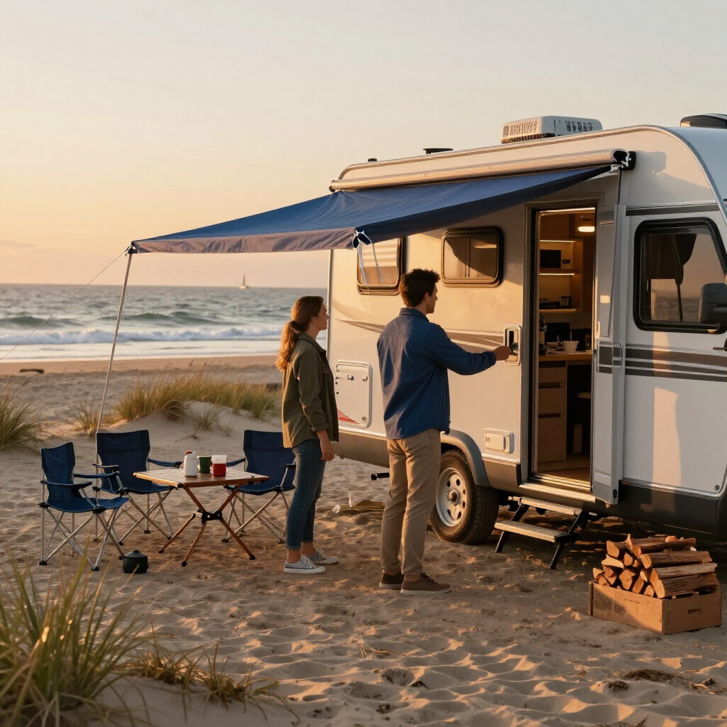 Two people beside a camper van at sunset on a beach, with folding chairs, a table, and stacked firewood.