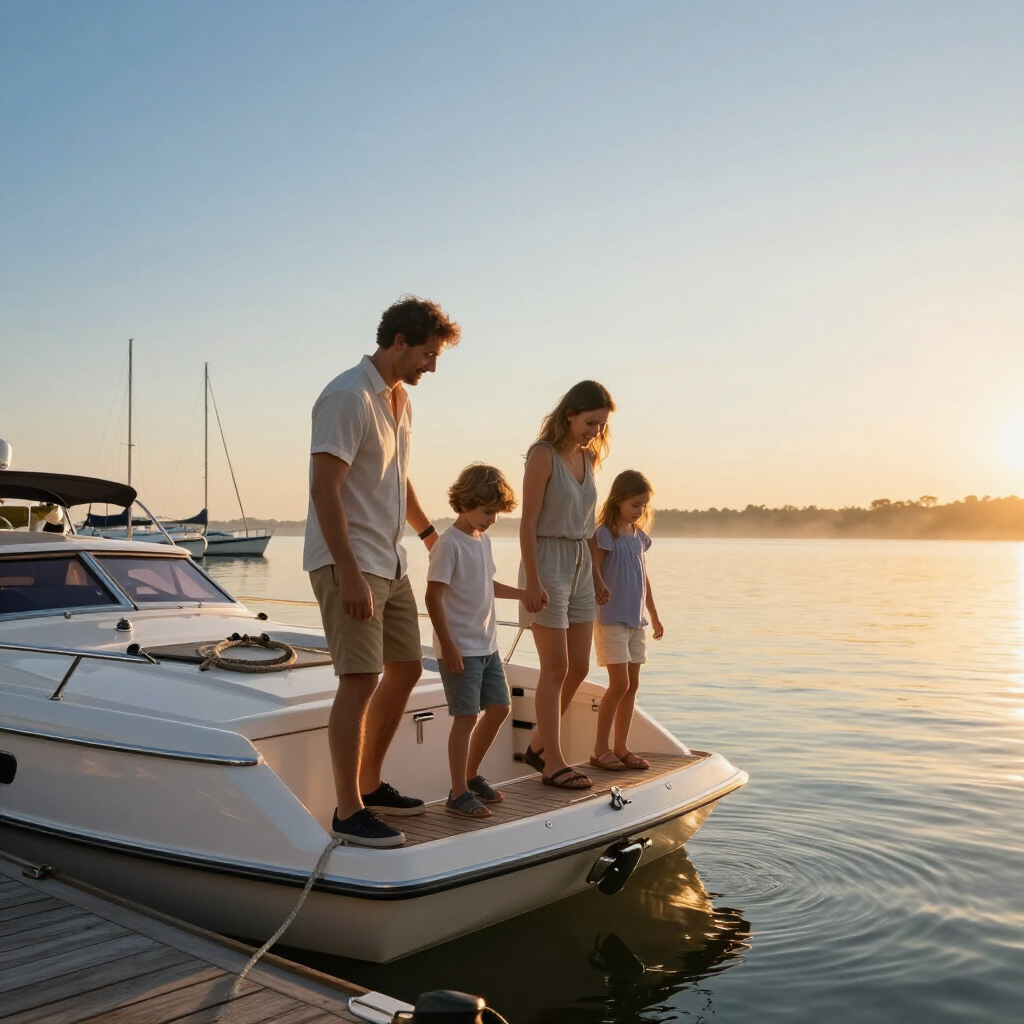 Family boarding a white boat at sunset on calm water, with a dock and sailboats in the background