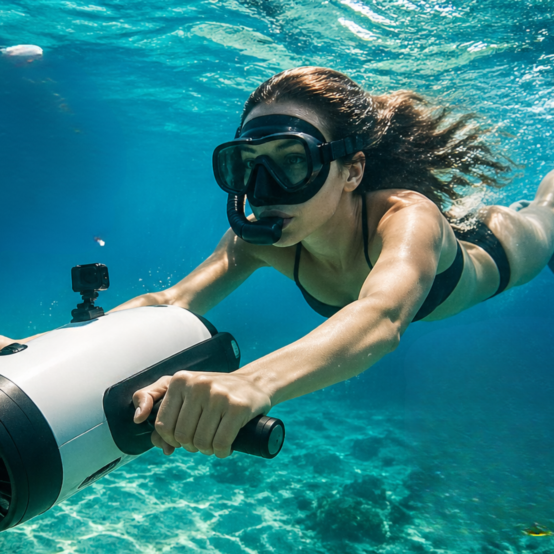 Woman snorkeling underwater, holding a scooter device in clear blue ocean water.