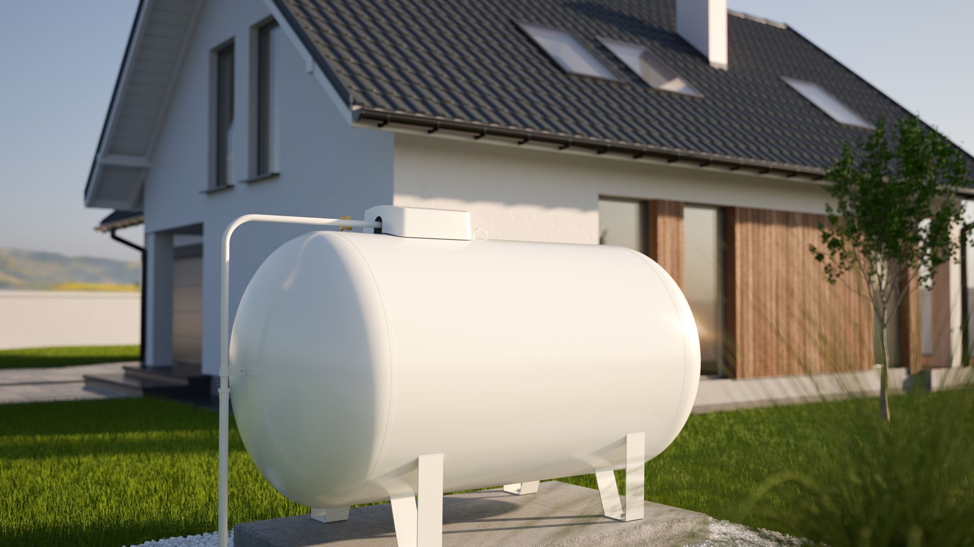 3D illustration of a white propane tank near a house, provided by a propane gas supplier.