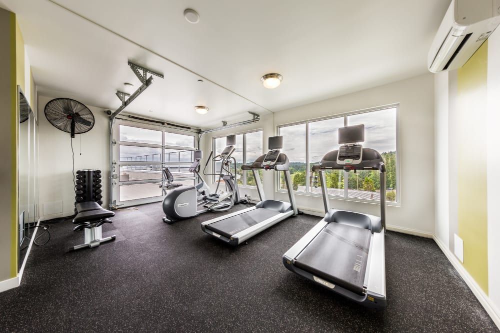 Modern, well-lit home gym with treadmills, elliptical trainer, weight bench, and a stationary bike, featuring floor-to-ceiling windows with a view of the outdoors and a wall-mounted fan for ventilation at Marq West Seattle in Seattle, WA.