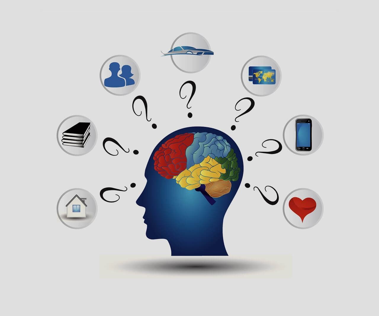 Una silueta de la cabeza de una persona con varios iconos a su alrededor