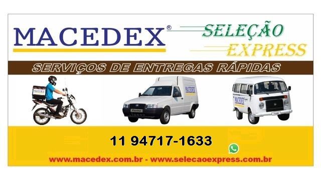 Cartão de visita da Macedex Seleção Express, empresa de entregas expressas, com ícones de uma motocicleta, uma van e um ônibus, além das informações de contato.