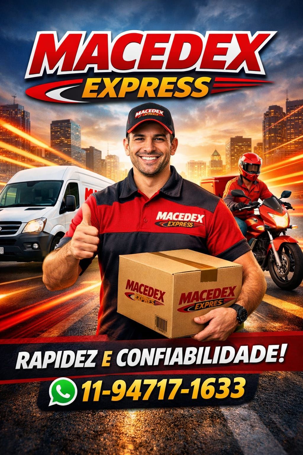 Cartão de visita da Macedex Seleção Express, empresa de entregas expressas, com ícones de uma motocicleta, uma van e um ônibus, além das informações de contato.