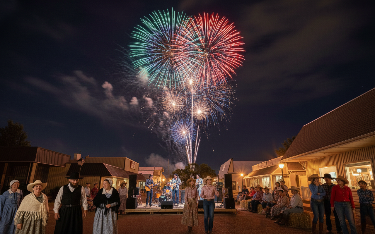 Fireworks over a western town stage with a live band and audience.