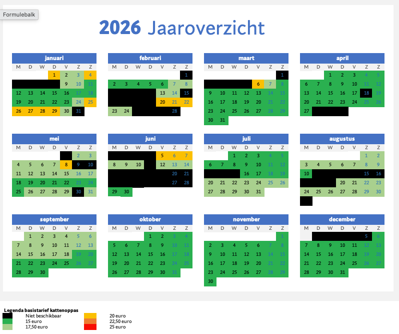 Nederlandse kalender 2026; groene, zwarte en gele markeringen geven de dagen aan. De kleurcodes geven verschillende prijsniveaus weer.