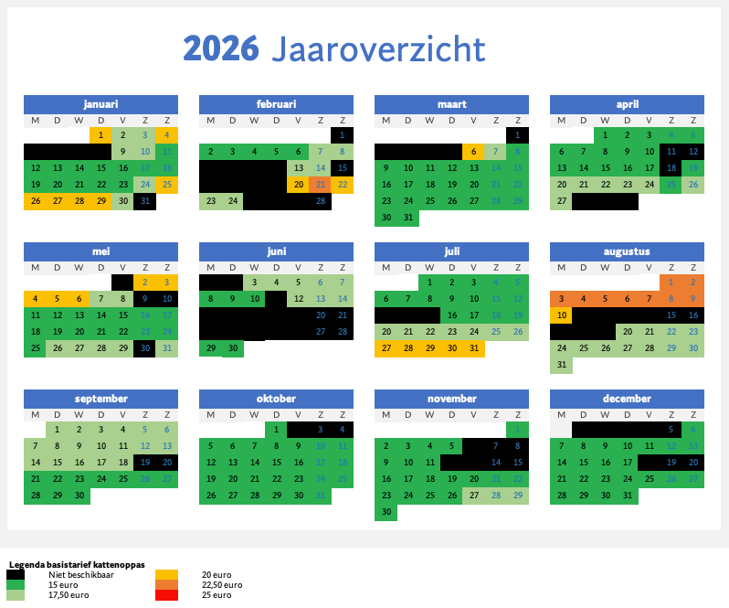 Nederlandse kalender 2026; groene, zwarte en gele markeringen geven de dagen aan. De kleurcodes geven verschillende prijsniveaus weer.