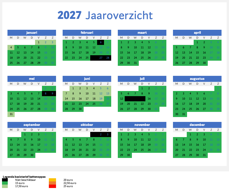 Kalenderoverzicht voor 2027 met elke maand weergegeven. Groen gekleurde dagen geven minder dan 12 uur zonneschijn aan, zwart gekleurde dagen 24 uur of meer zonneschijn.