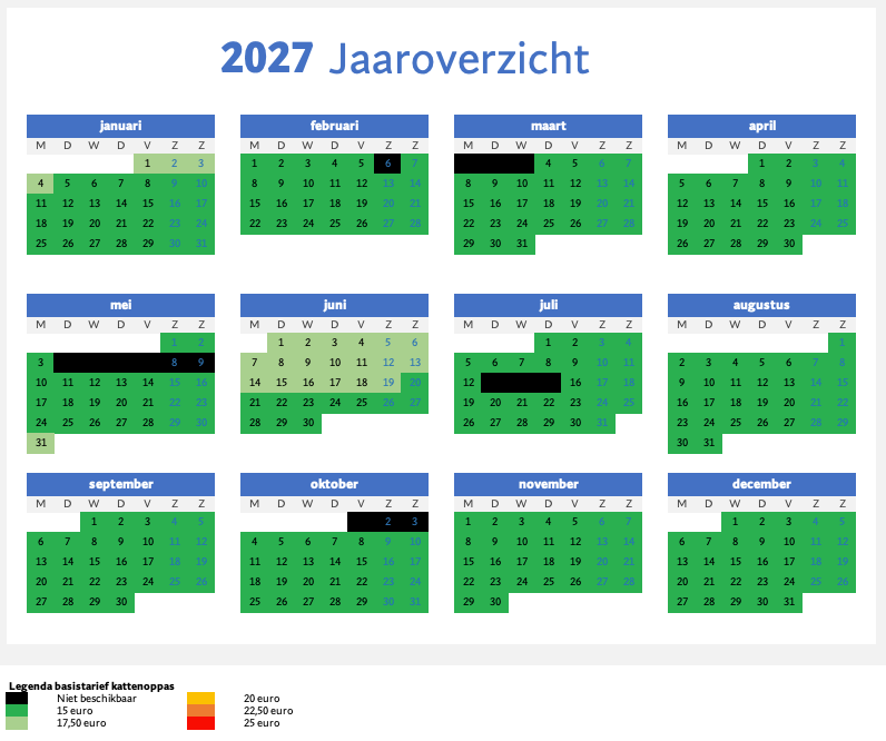 Kalenderoverzicht voor 2027 met elke maand weergegeven. Groen gekleurde dagen geven minder dan 12 uur zonneschijn aan, zwart gekleurde dagen 24 uur of meer zonneschijn.