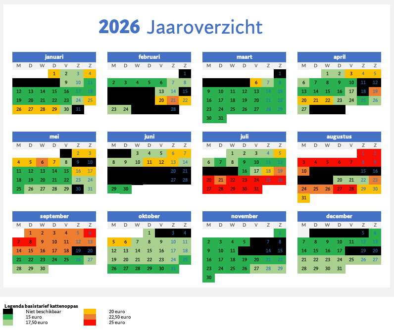 Nederlandse kalender 2026; groene, zwarte en gele markeringen geven de dagen aan. De kleurcodes geven verschillende prijsniveaus weer.