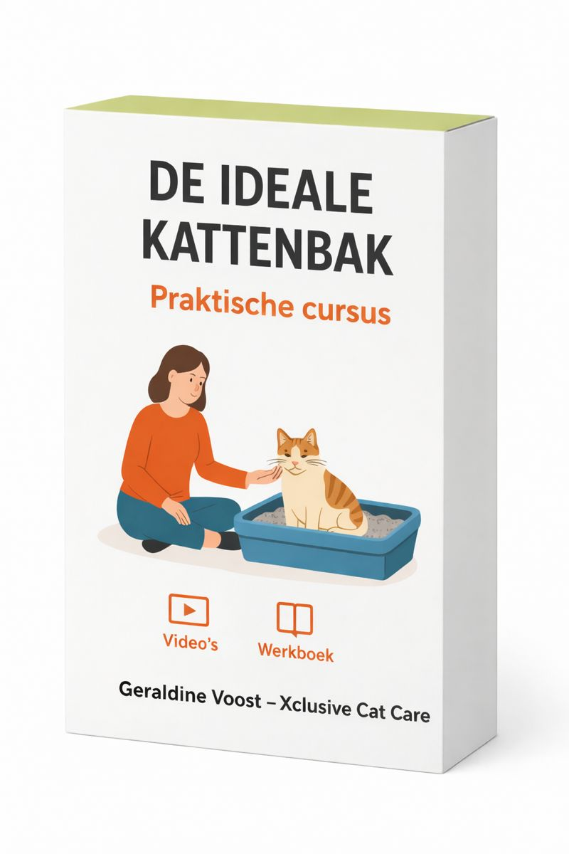 Cursusmateriaal voor een kattenbak. Vrouw en kat. Cursustitel: