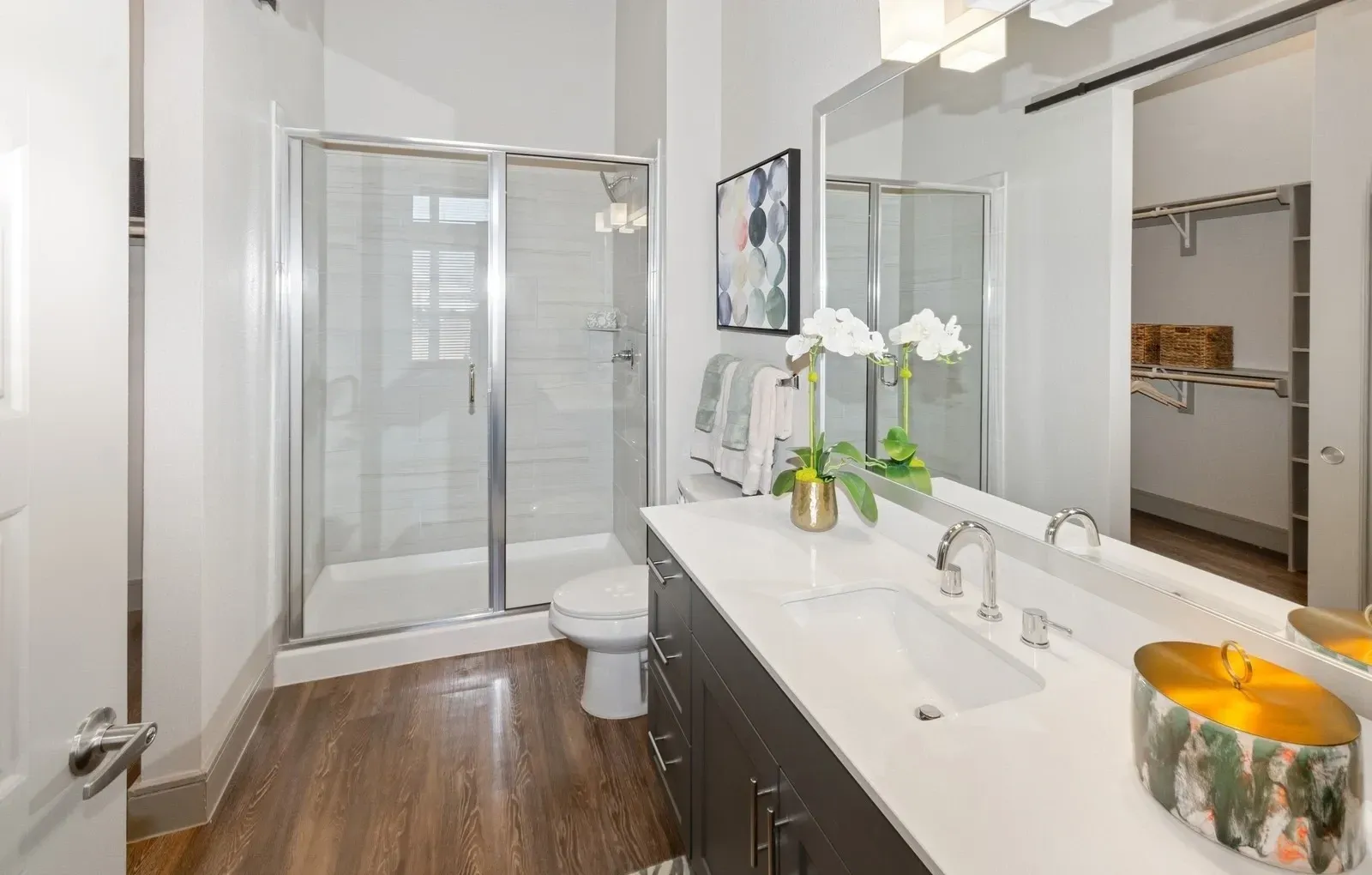 Bathroom with double sink vanity, glass shower, and walk-in closet visible. Live near everything you need at apartments near shopping in Rowlett, TX—explore the neighborhood today.