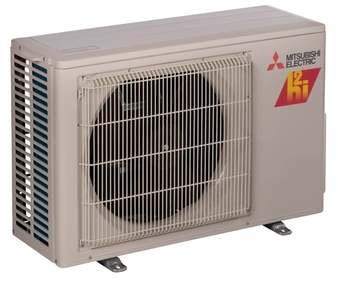 A mitsubishi electric air conditioner is sitting on a white surface.
