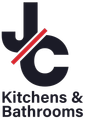 The logo for jc kitchens and bathrooms is black and red.