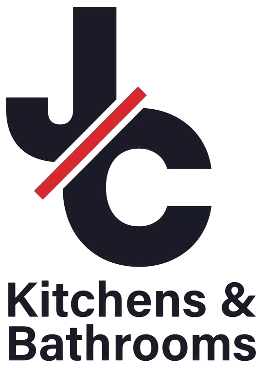 The logo for jc kitchens and bathrooms is black and red.