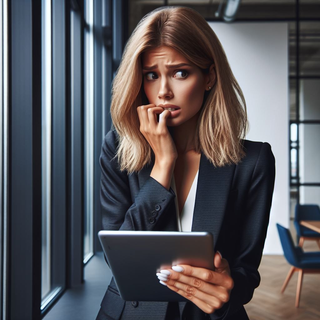 A woman in a suit is holding a tablet and biting her nails.