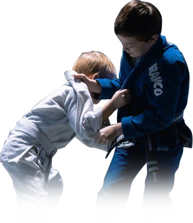 Two young boys are practicing judo on a white background.