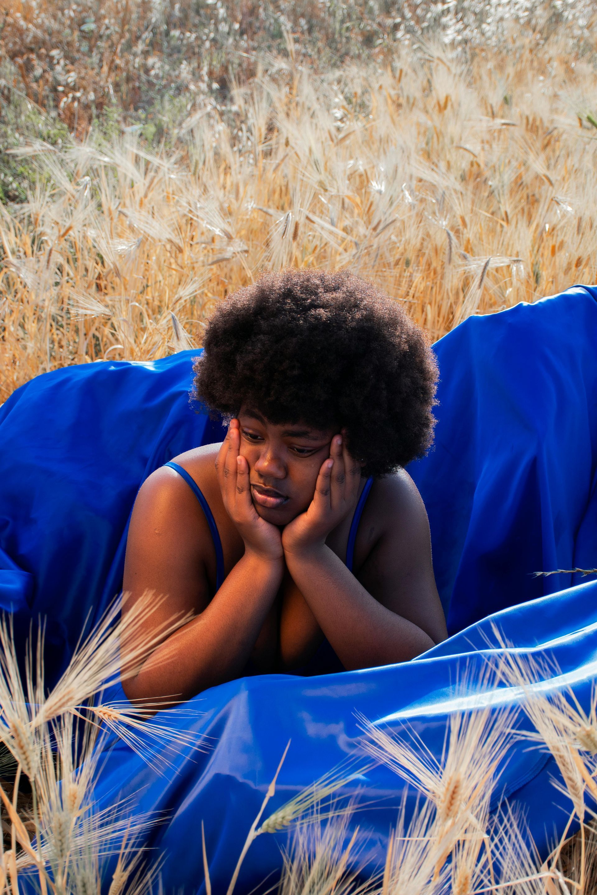 Uma mulher de vestido azul está deitada em um campo de trigo.