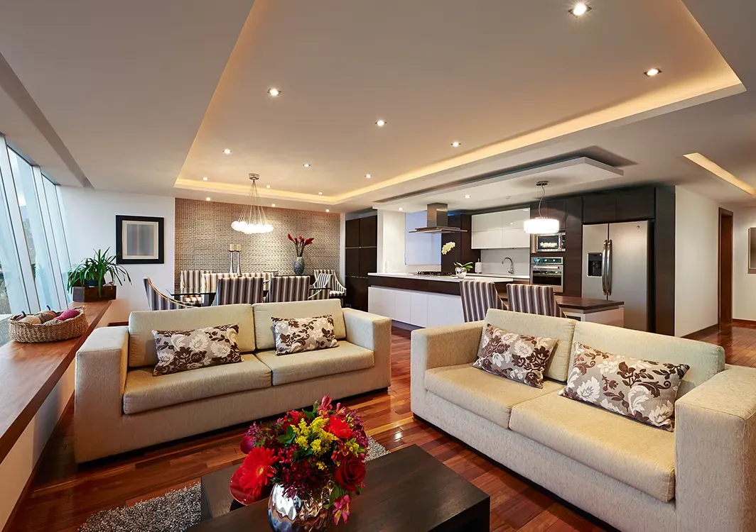 a living room with two couches and a coffee table