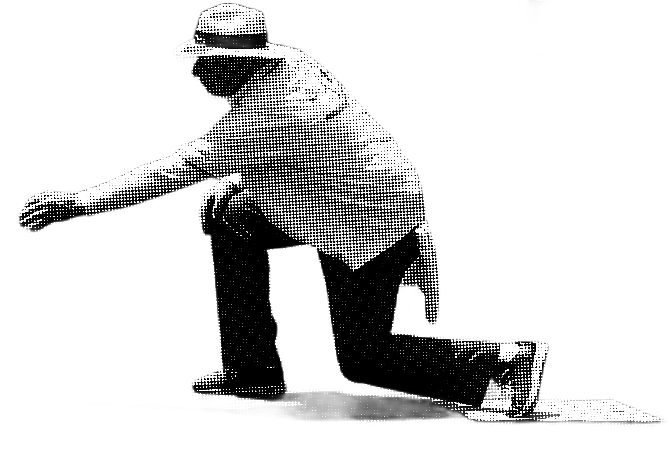 Man playing lawn bowls, kneeling after bowling. He is wearing a white rimmed hat white shirt and black pants. The image has been given a half-tone effect.