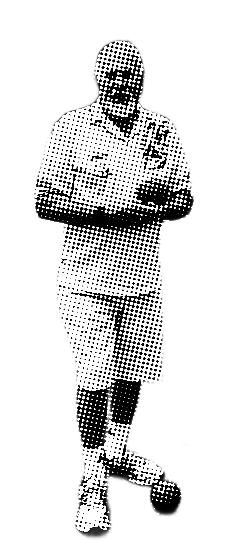 Man with grey hair and beard in white sport uniform holding a lawn bowls bowling ball. The image has been given a half-tone effect.