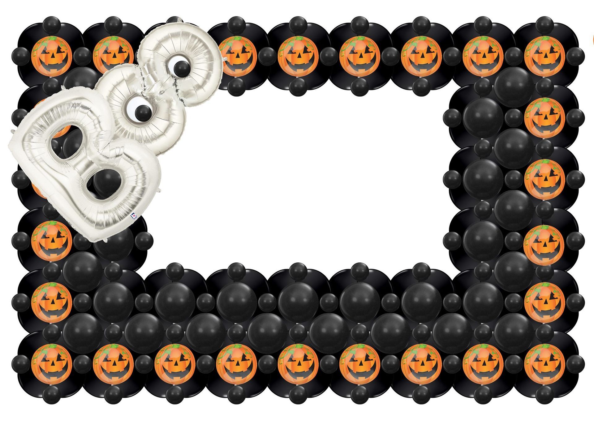 A picture frame made of black balloons and pumpkins with a boo balloon.