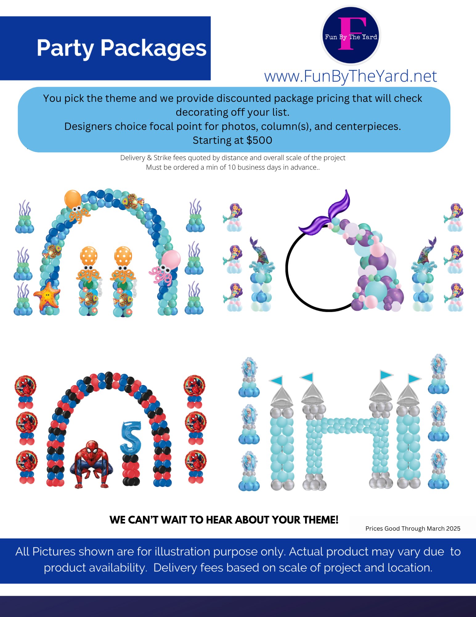 A poster showing different types of party packages.