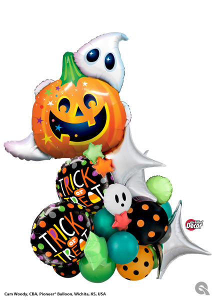 A bunch of halloween balloons including a pumpkin and a ghost