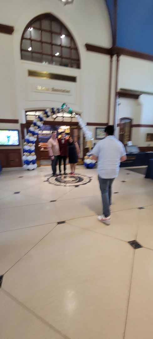 A champagne balloon arch at Eck Visitors Center Notre Dame Indiana