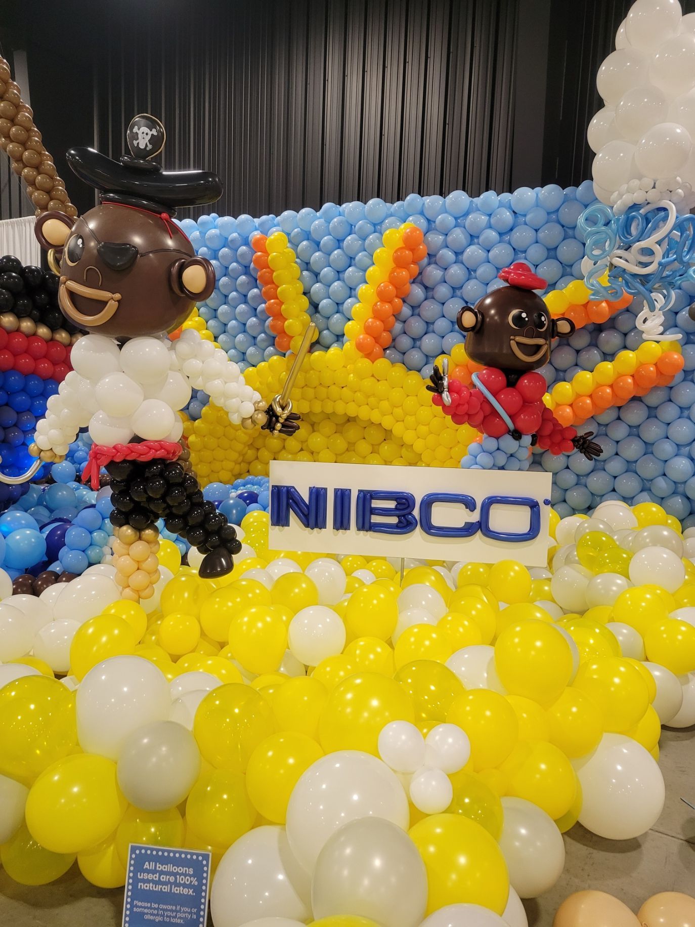 A wall of balloons with a nibco sign in the middle