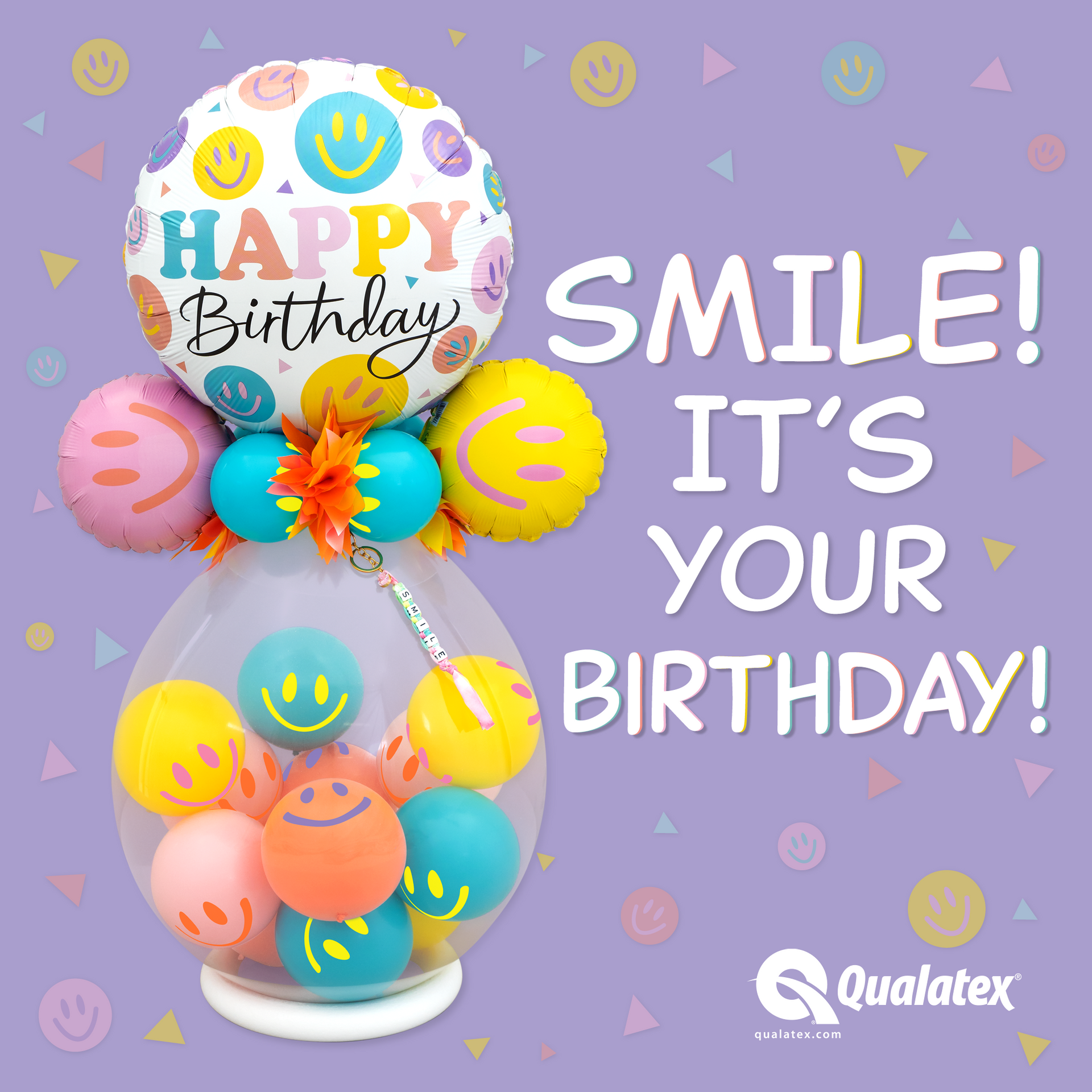 A balloon filled with smiley faces and a happy birthday balloon on a purple background.