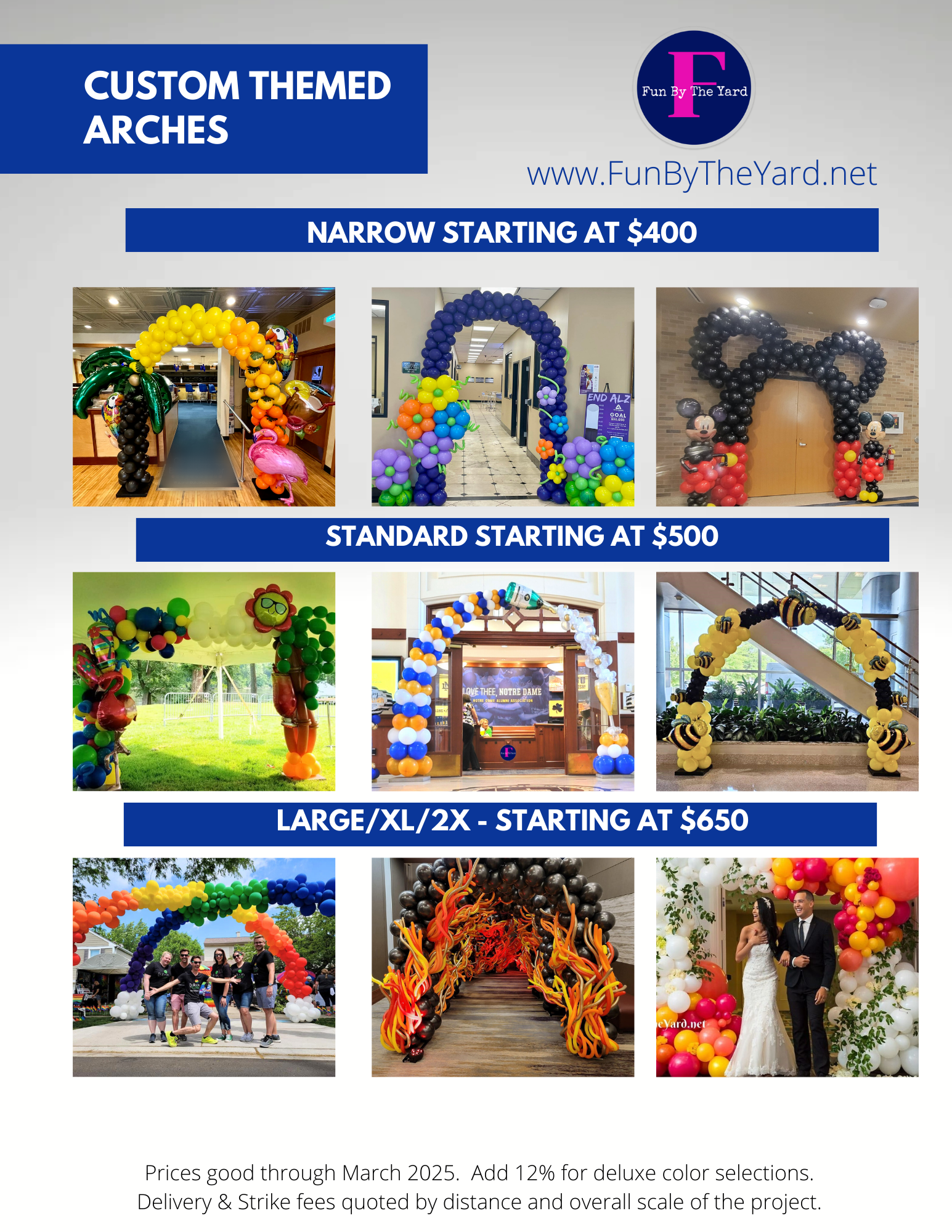 A flyer for custom themed arches , narrow starting at $ 400 and standard starting at $ 500.