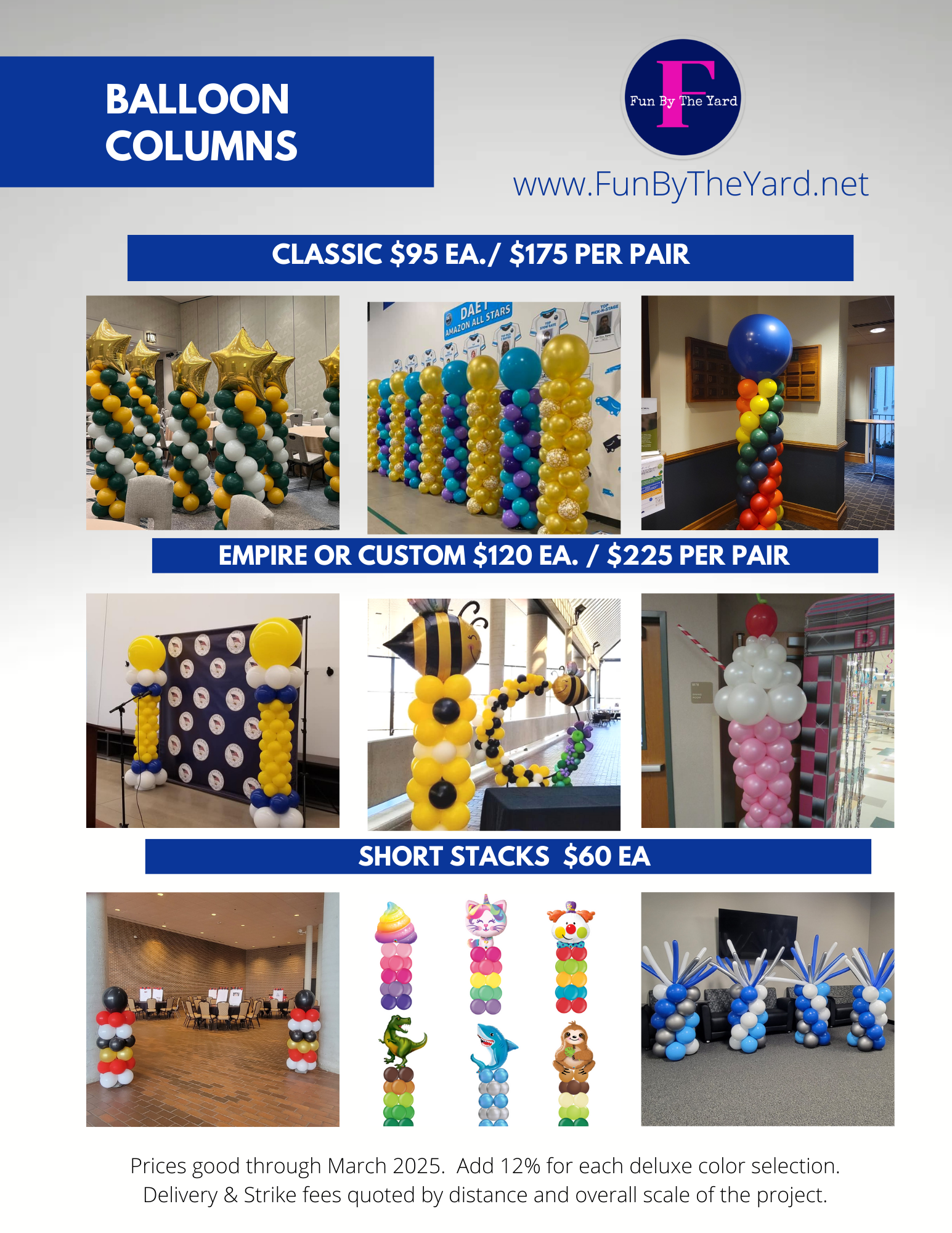 A flyer for balloon columns shows different types of balloons