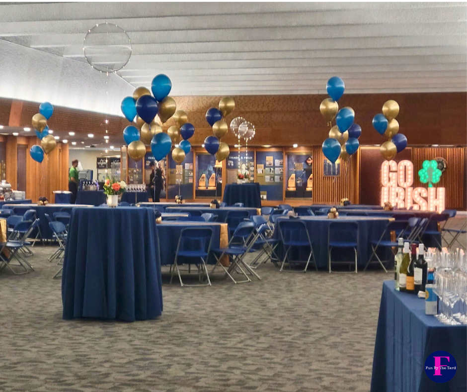 blue green and gold helium balloon bouquets at the Joyce Center Notre Dame Indiana
