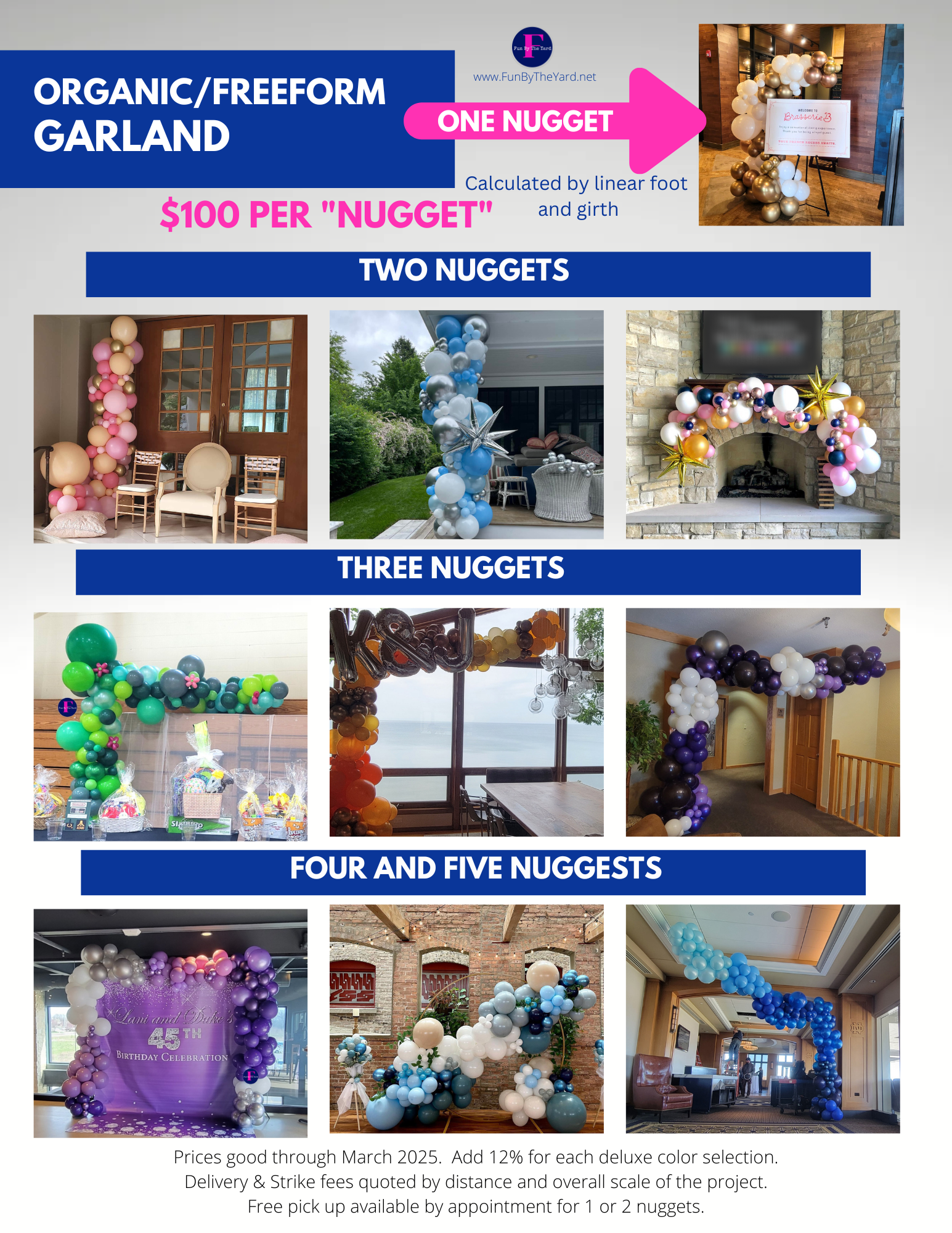 A flyer for organic / freeform garland and four and five nuggets.