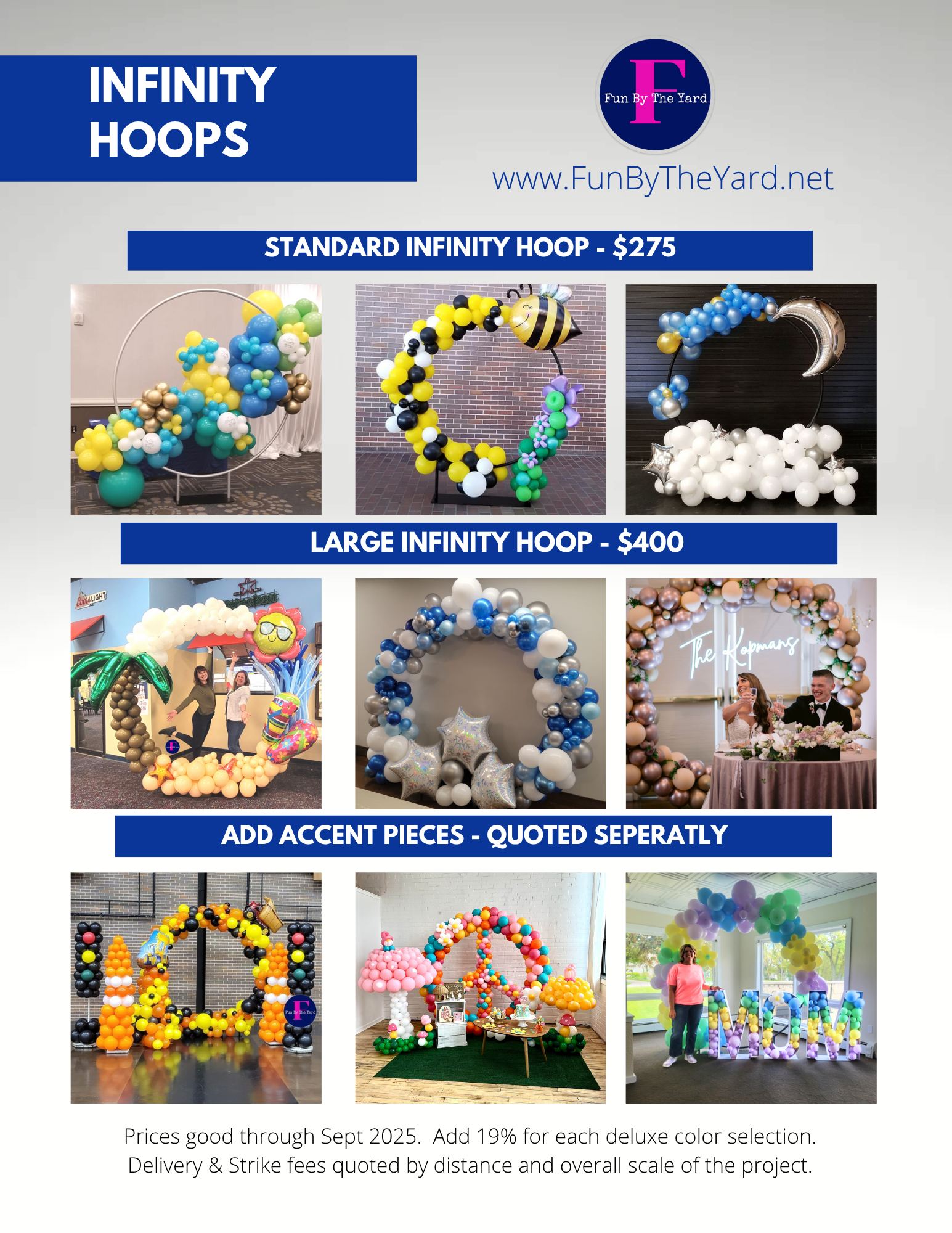 A flyer for infinity hoops shows different types of balloon decorations.
