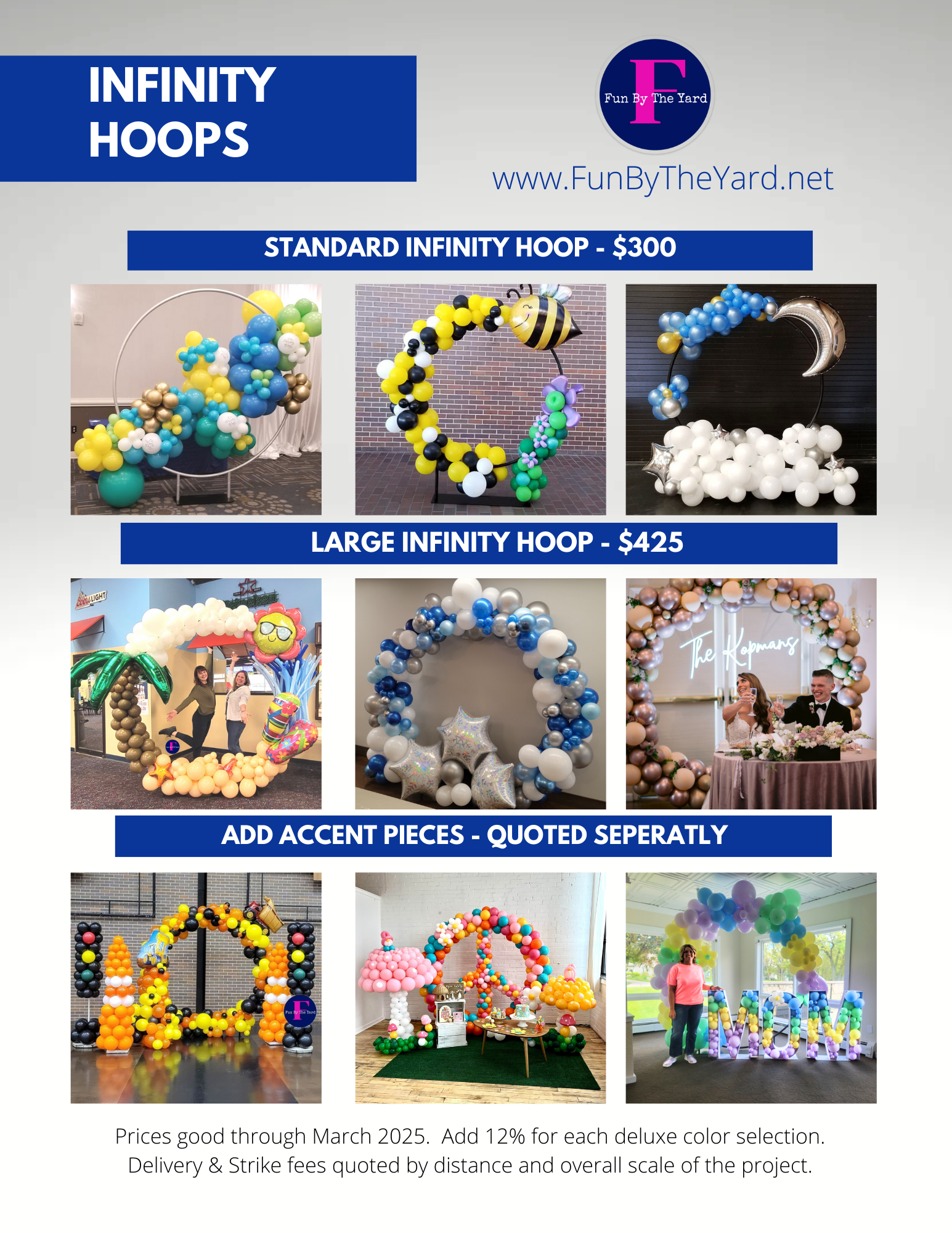 A flyer for infinity hoops shows different types of balloon decorations.