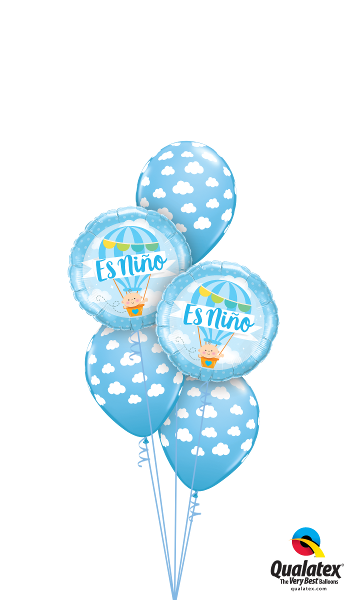 A bunch of blue balloons with the words es nino on them