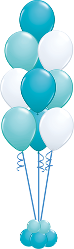 A bunch of blue and white balloons on sticks on a white background.