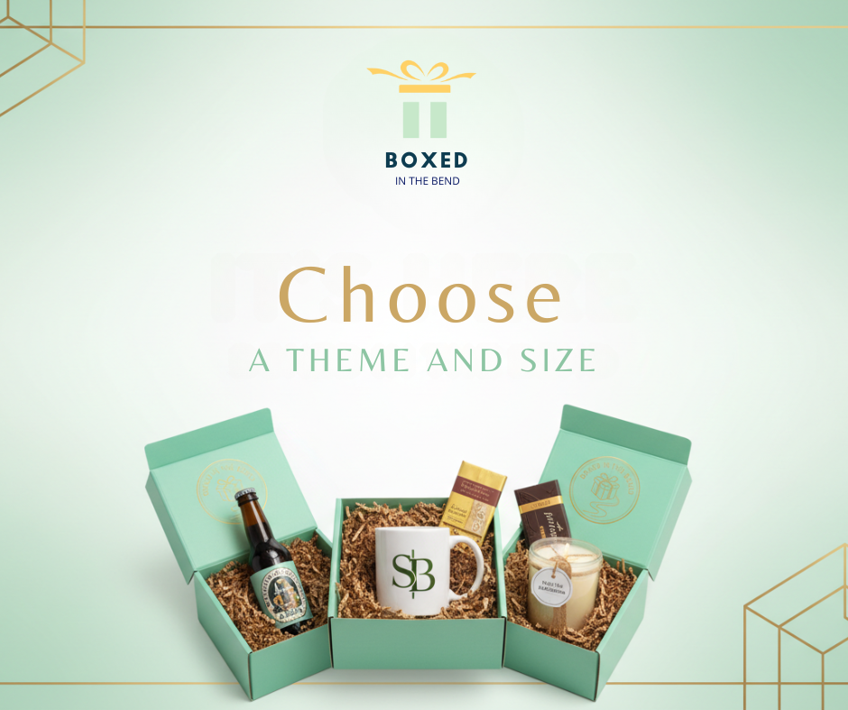 Boxes with gifts; choose theme and size. Light green background. Beer, mug, chocolates, candle.