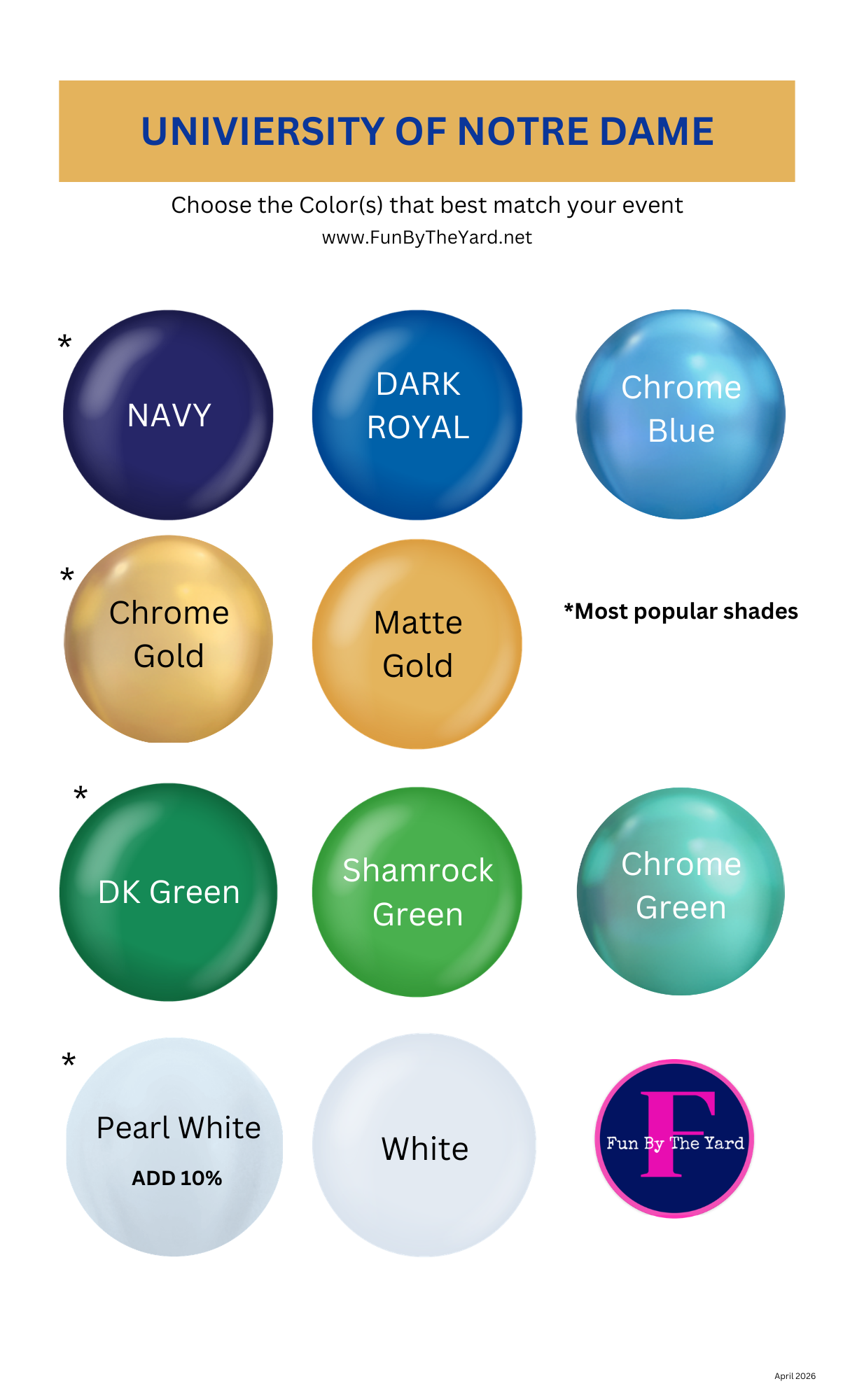 University of Notre Dame balloon color chart for Fun By The Yard