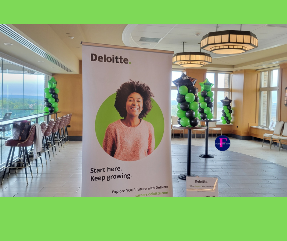 A room with balloons and a sign that says deloitte start here keep growing