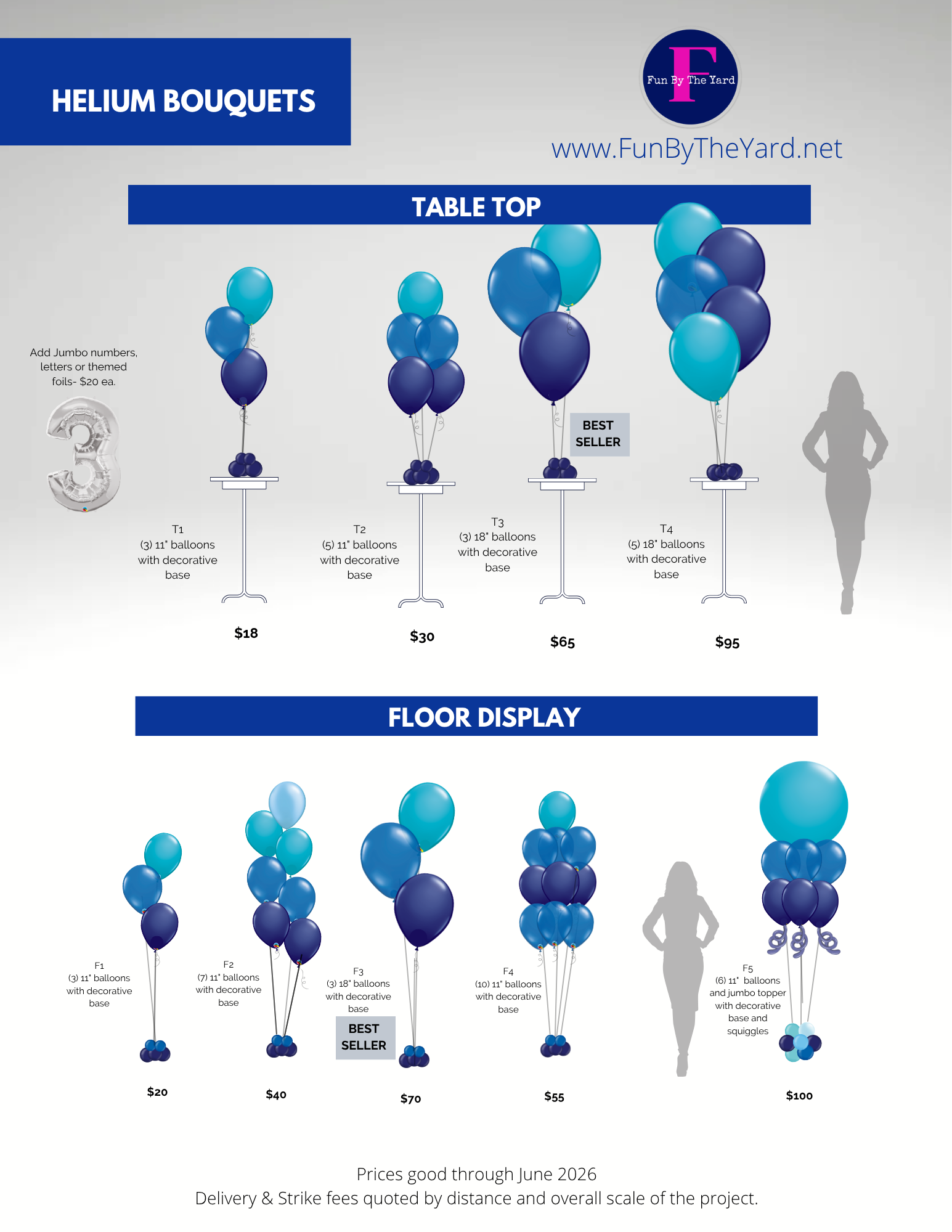 A flyer for age specific bouquets with different types of balloons