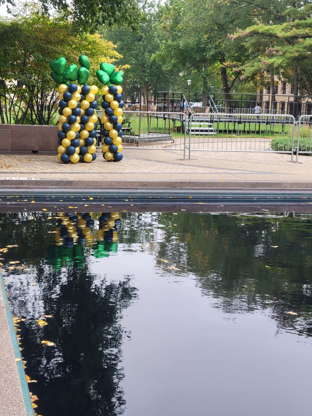 a reflection of balloons in a pool with trees in the background